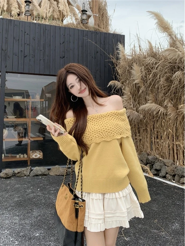 المرأة الخريف الشتاء الجوف خارج الدانتيل oulder محبوك سترة لينة مريحة الأبيض التعرض أعلى عالية الإحساس الحليب الجبن الأصفر #5