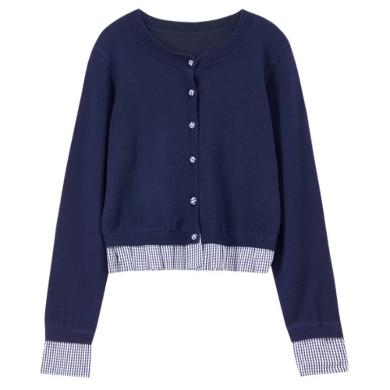 SENTUBILA Cardigan a due pezzi finto da donna 2025 Autunno O-Collo Contrasto Splicing Maglione scozzese Pendolare Casual Top in maglia W54EB4066