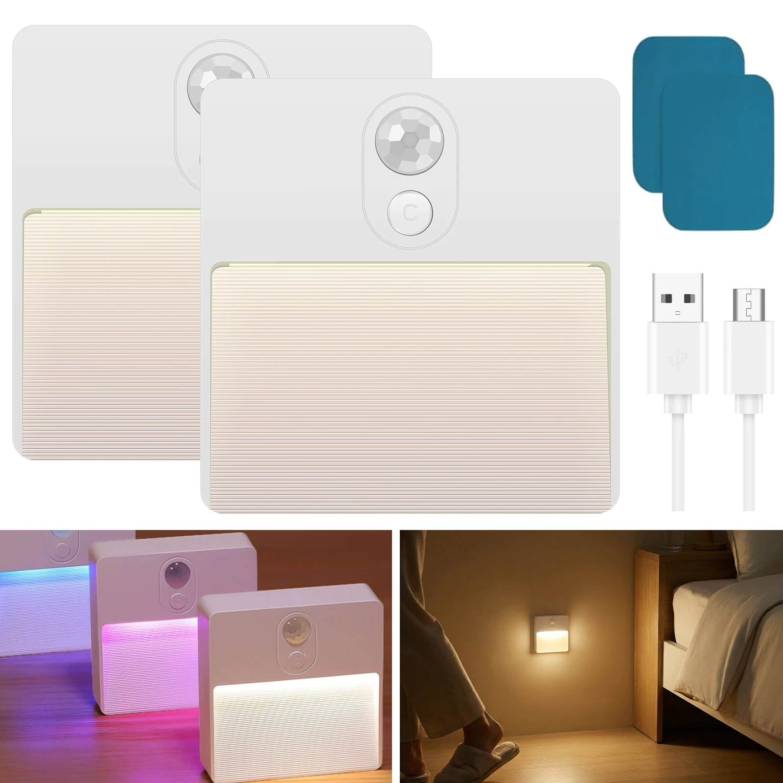

PIR Motion Sensor Night Light RGB Dimmable USB-C Rechargeable Wireless Magnetic LED Step Lamp for Wardrobe Stairs Hallway Closet
