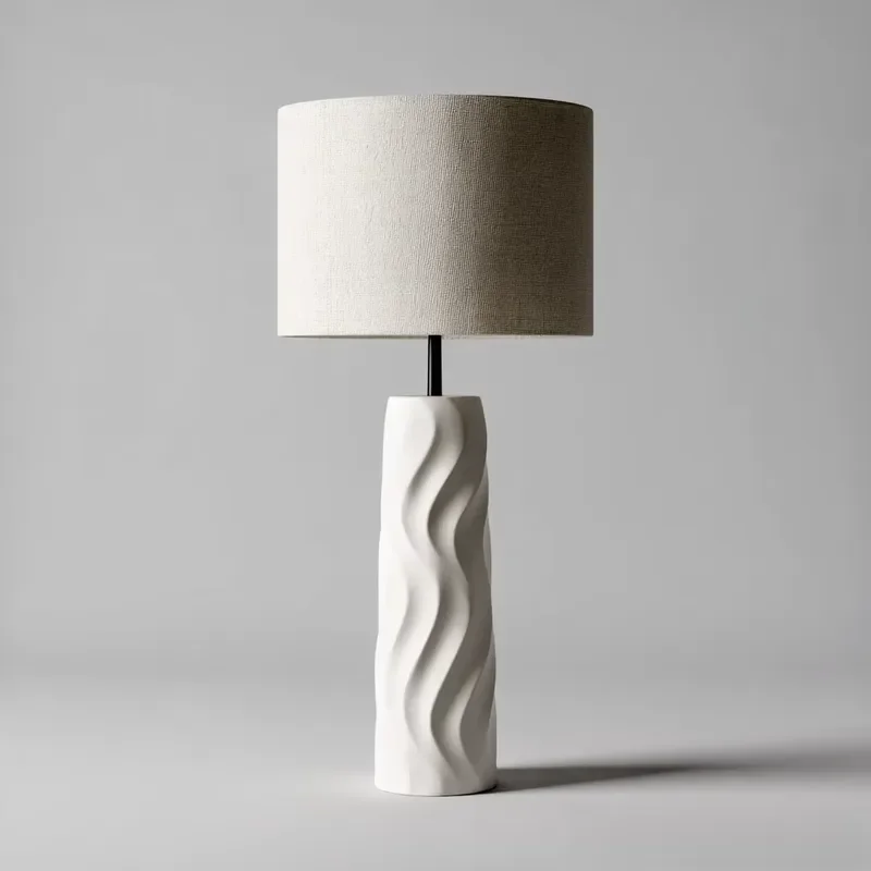 Modern Simple Wave White  LED Desk Lamp with Remote Control Linen Shade Wabi Sand Style Decorative Table Light for Home