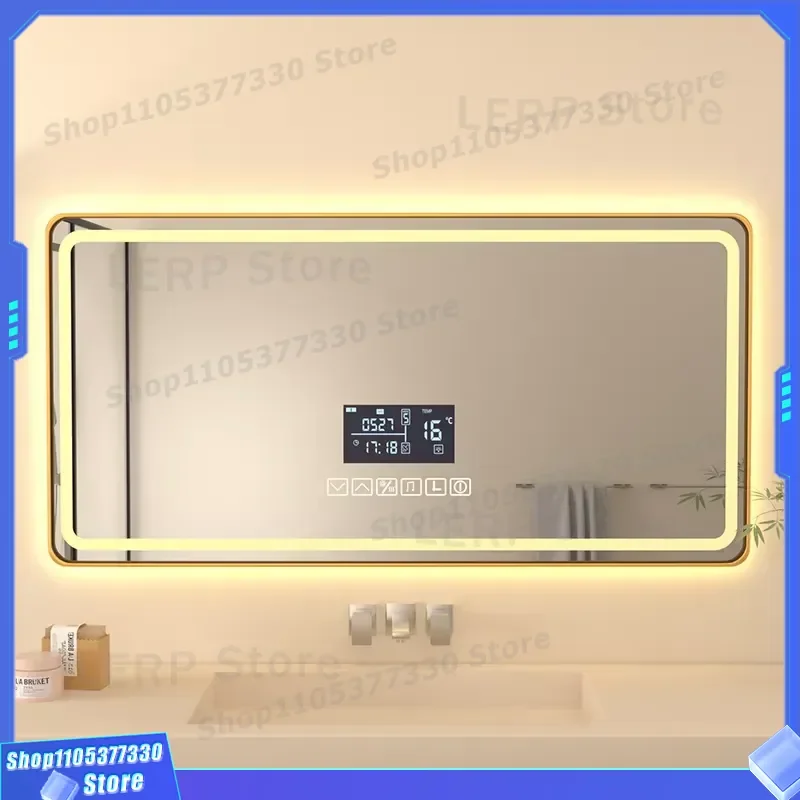 Smart LED Bathroom Mirror Rectangular Gold Frame Bluetooth Anti Fog Wall Mounted Vanity Light for Modern Home Decor European