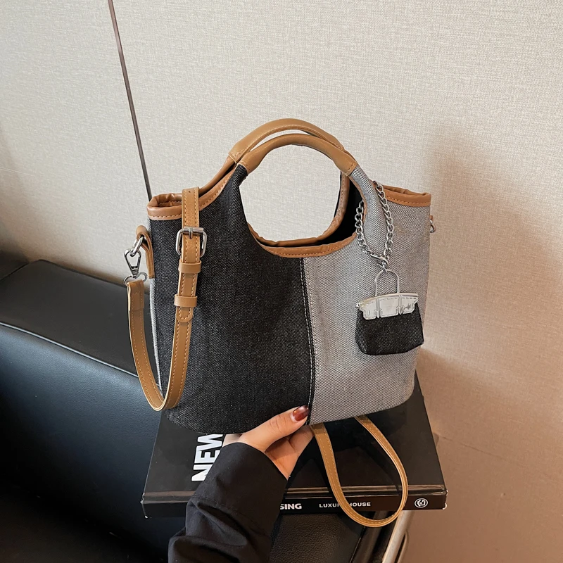 

Vintage Denim Shoulder Bag for Women,Fashion Two-Tone Design Crossbody Purse, Casual Shopping & Work Handbag, Durable & Stylish