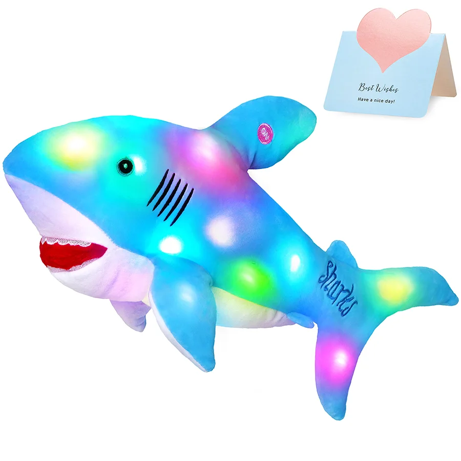 50cm Light-up Shark Stuffed Glow LED Plush Toy  Luminous Toy High Quality Blue Grey Shark Doll Pillow Gifts for Kids PP Cotton