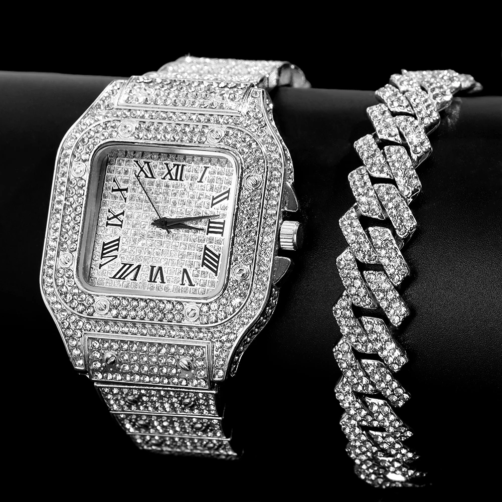 Men Women Iced Out Roman Quartz Watches Full Rhinestone Paved Watch+Bracelet Set Heart Tennis Bracelet Hip Hop Jewelry Gifts