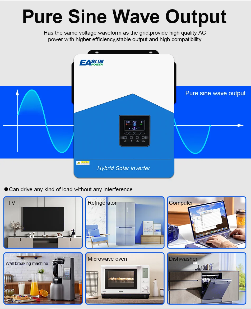 EASUN 6,2 kW Hybrid-Solar-Wechselrichter 48 V MPPT-Photovoltaik-Wechselrichter reiner Sinus PV 6500 W 500 VDC integrierter 120 A Solarladeregler – Detail 7