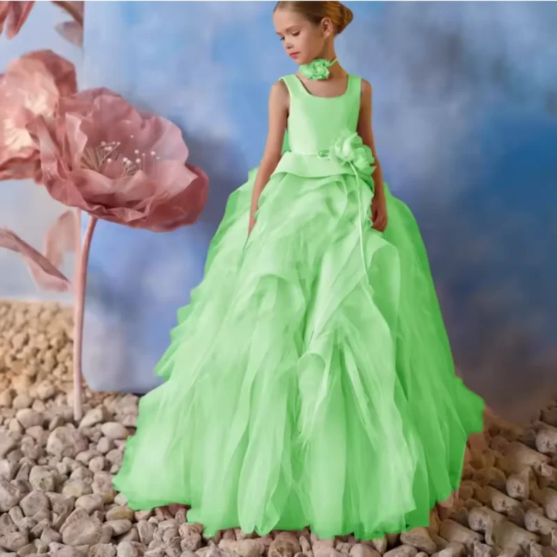 

Girls' Floral Pleated Sleeveless Communion Dress Long Luxurious Summer Gown with Train for Prom Wedding and Birthday Party