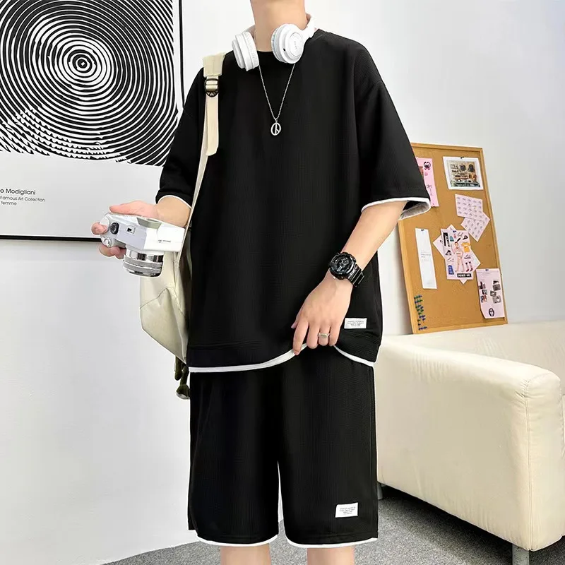 2024 Men\'s Breathable Waffle Suit Short-sleeved T-shirt + Shorts Summer Loose Youth Trend Casual Sportswear Two-piece Set S-4XL