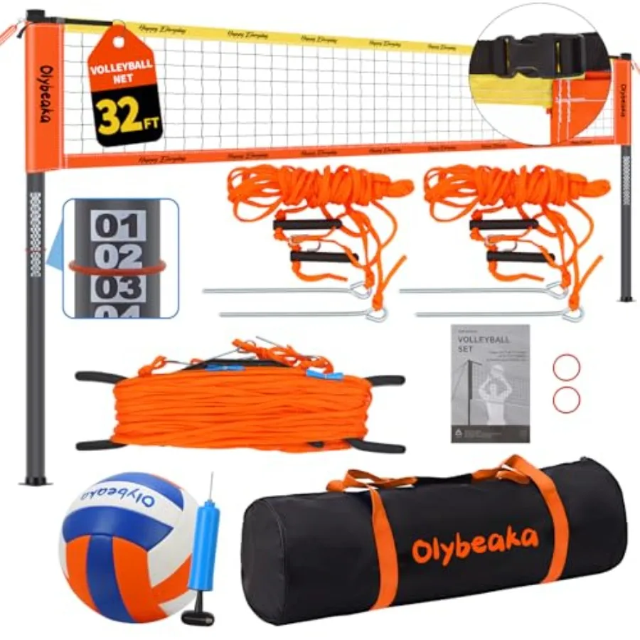 

Набор для волейбола на открытом воздухе повышенной прочности для двора, пляжа, газона с 4 регулируемыми по высоте стойками, сеткой из 28-слойного полиэтилена с защитой от провисания, PU Vol