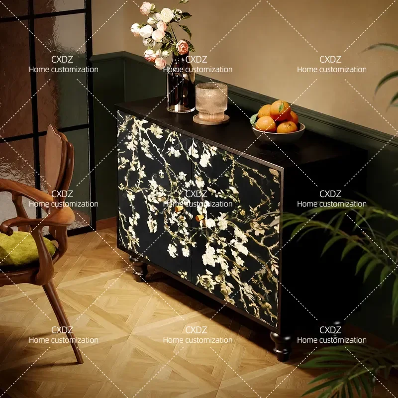 French Chinese style retro ginkgo biloba picture high foot decorative cabinet living room bedroom wall storage cabinet