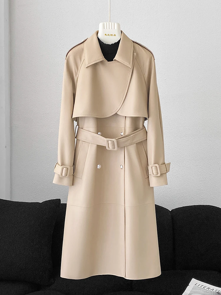 Veste longue en cuir véritable pour femmes, coupe cintrée, élégante, Double boutonnage, rose, ceinturée, Trench-vent en peau de mouton, 2025