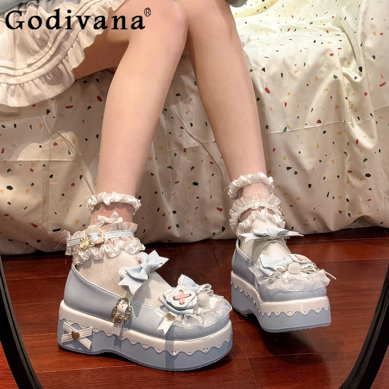 여성용 새 리본 두꺼운 밑창 싱글 슈즈 로리타 일본 스타일 스윗 슈즈 봄 메리 제인 JK 가죽 신발