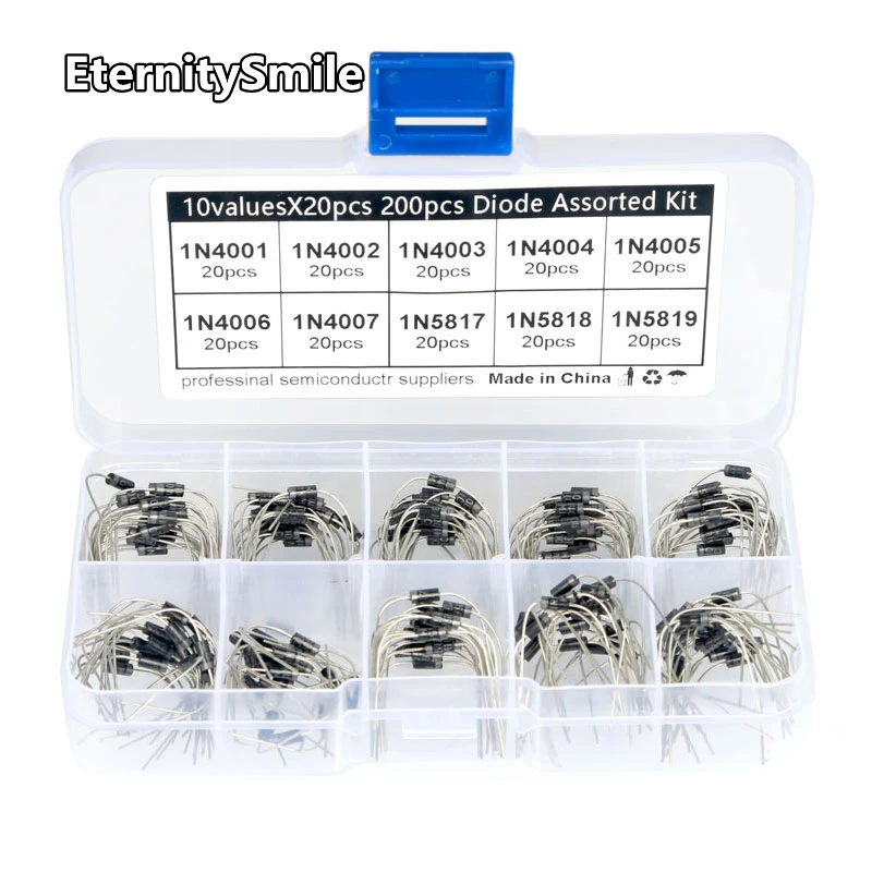 200Pcs/Box 10 Values Rectifier Diode Assorted Kit 1N4001 1N4002 1N4003 1N4004 1N4005 1N4006 1N4007 1N5817 1N5818 1N5819