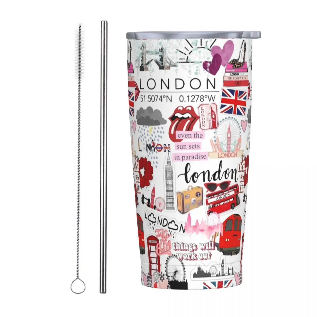 Paris London Stainless Steel Tumbler Union Jack Beach Car Mugs Large Thermal Cups Portable Cold Drink Milk Tea Water Bottle