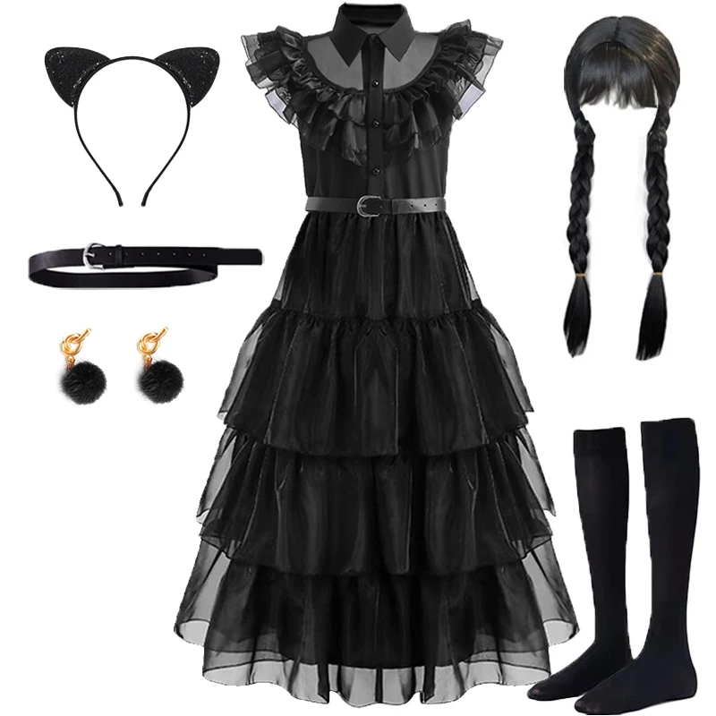 Addams Girls Princess Costume Black Dress Cosplay With Kids Wig Cat Ears Headband And Socks Carnival Birthday Halloween 4-14 Yrs