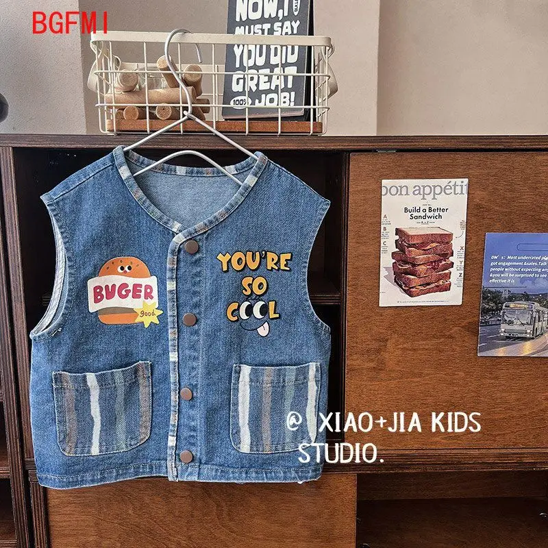 Spring Autumn Baby's Letter Sleeveless Top Kids Soft Denim Vest Button Casual Cartoon Hamburger Waistcoats for Girls Boys 1-8 Y