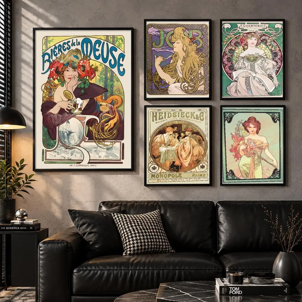 A-Alphonse Mucha Illustration Poster Wall Art Sticker For Living Room Bedroom Bar Home Decor Mural Painting Decoration