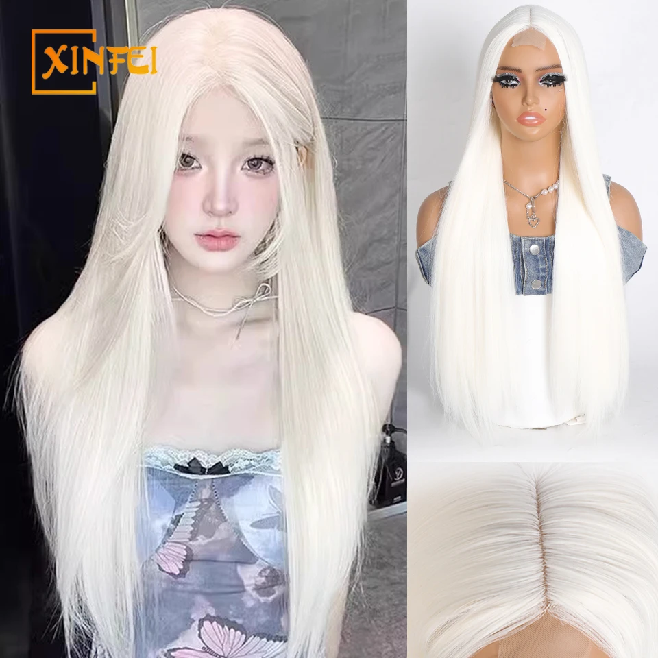 

XINFEI Cosplay Wigs For Women Straight Synthetic Natural Simulation Middle Parting Lace WIg 30 Inch White Gold Cosplay Wig