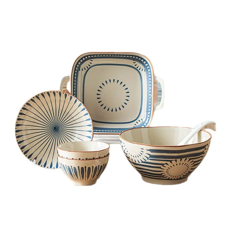 

Yjq Japanese tableware household rice bowl plate underglaze color bowl chopsticks soup bowl plate gift ceramic set