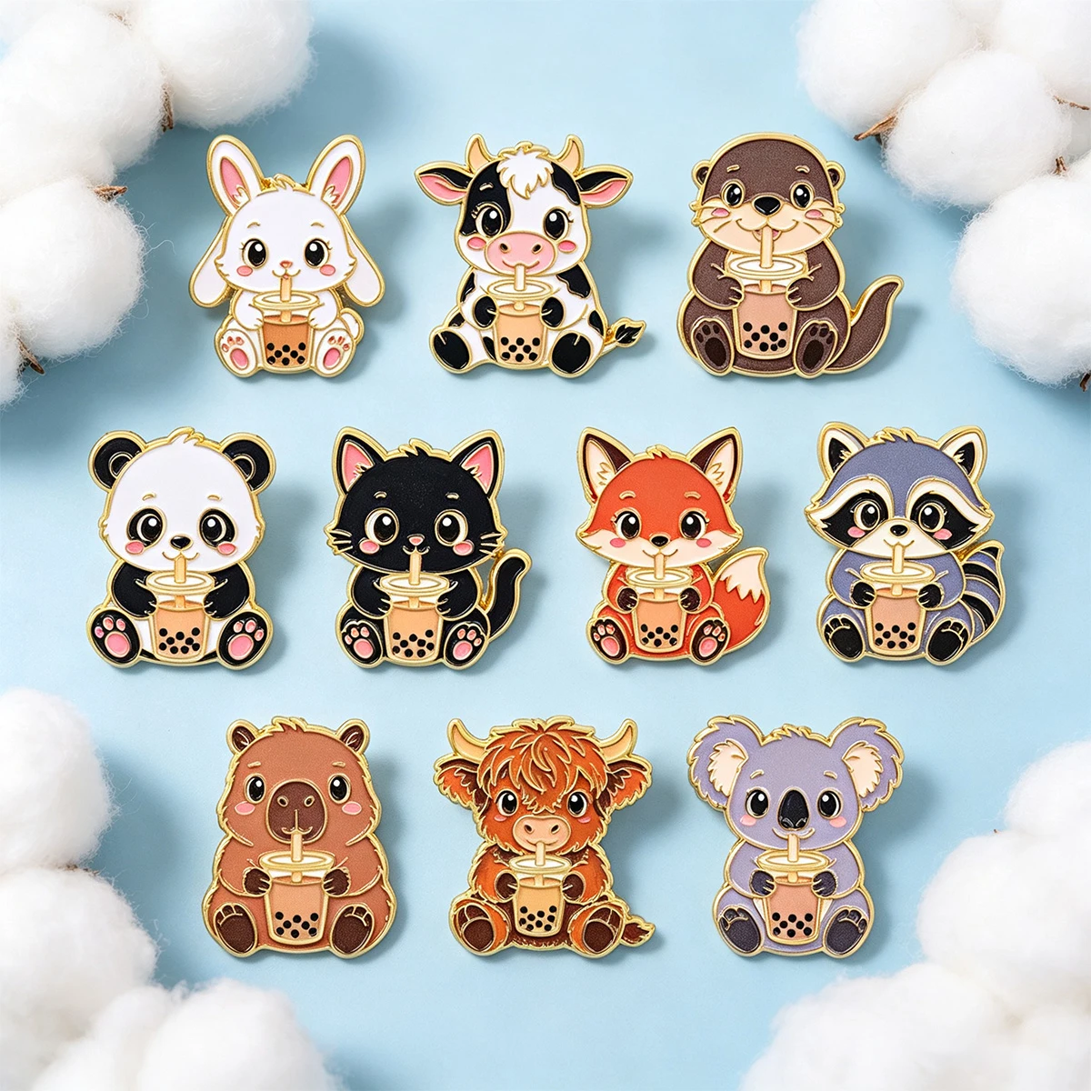 10er-Set Niedliche Boba-Milchtee-Tier-Emaille-Pins: Schwarze Katze, Capybara, Panda, Koala Broschen für Rucksack, Revers, Abzeichen, Schmuck-Accessoires – Detail 6