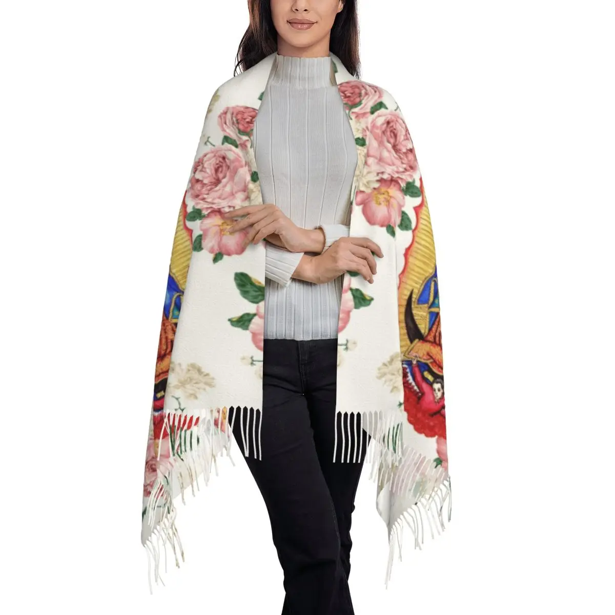 Custom Female Long Virgin Of Guadalupe Scarves Women Winter Fall Soft Warm Tassel Shawl Wrap Mexico Catholic Virgin Mary Scarf