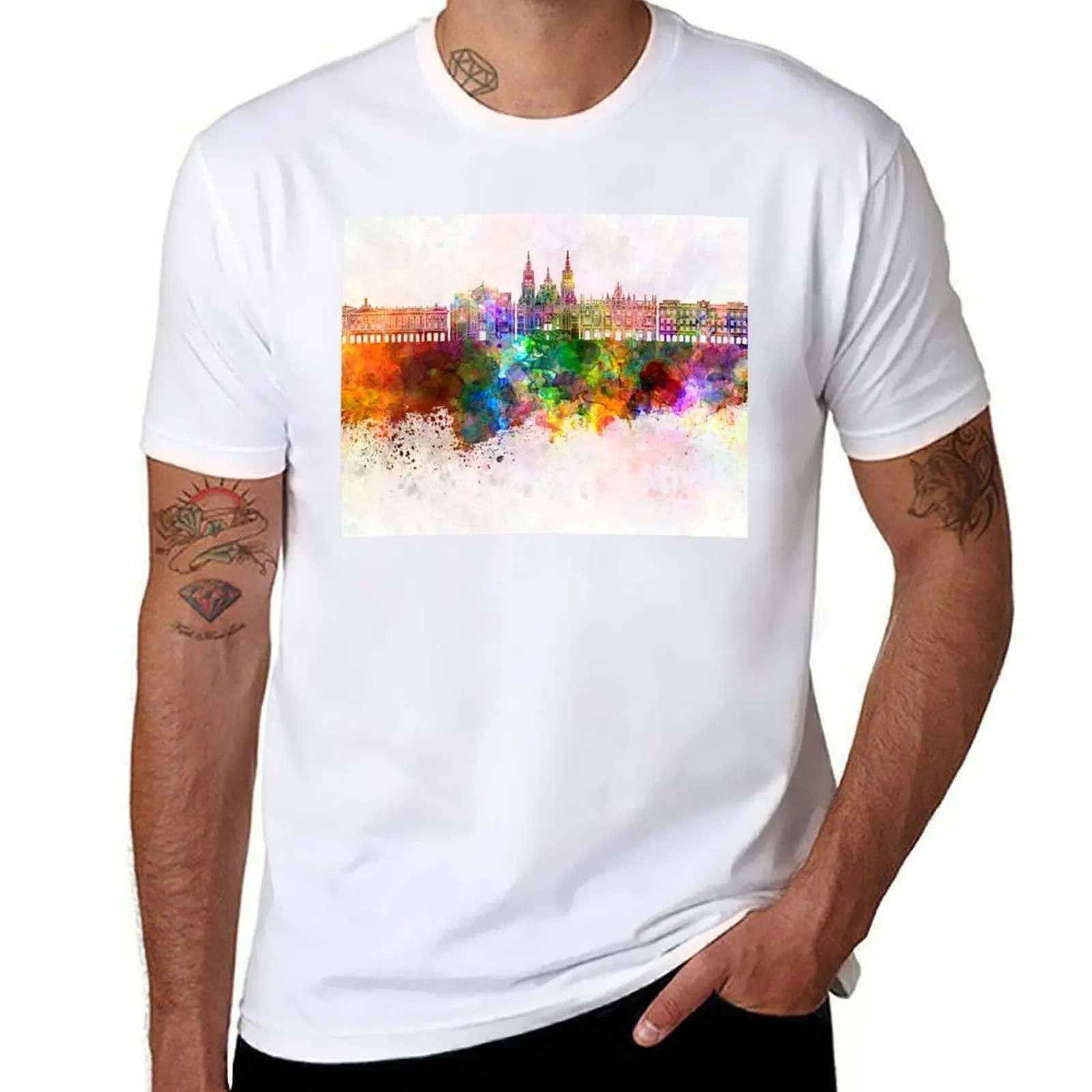 

Santiago de Compostela skyline in watercolor background T-Shirt vintage t shirts plus sizes Men's cotton t-shirt
