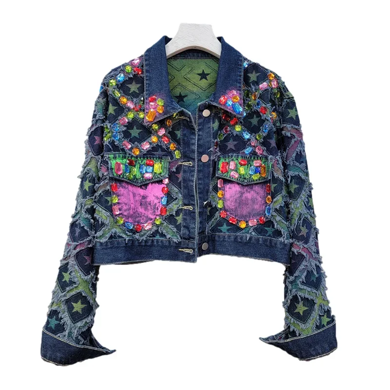 

Heavy Work Diamonds Frayed Denim Jacket Women Loose Short Cowboy Outerwear Streetwear Vintage Big Pocket Jeans Jackets Female