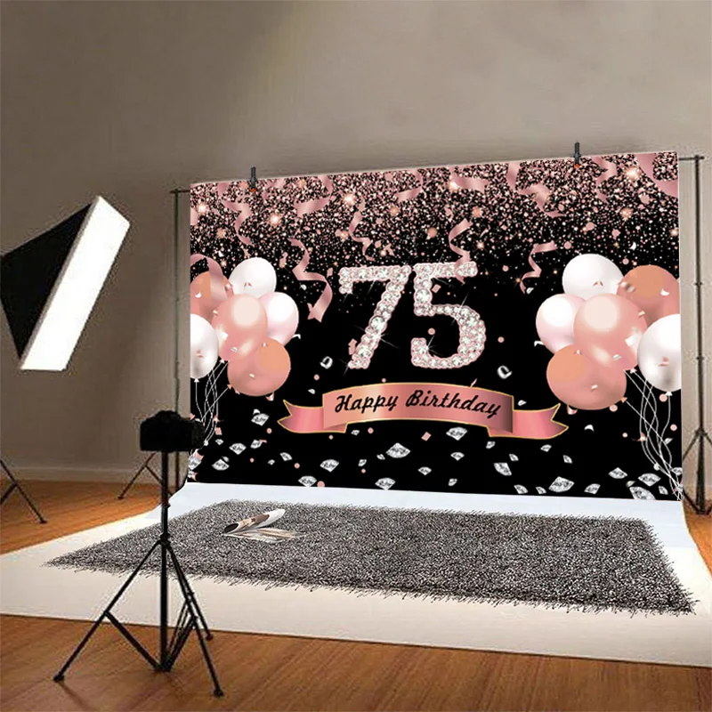 ローズゴールド75th背景ピンクバルーン男性女性75歳の誕生日パーティーカスタム写真撮影フォトスタジオの背景バナー