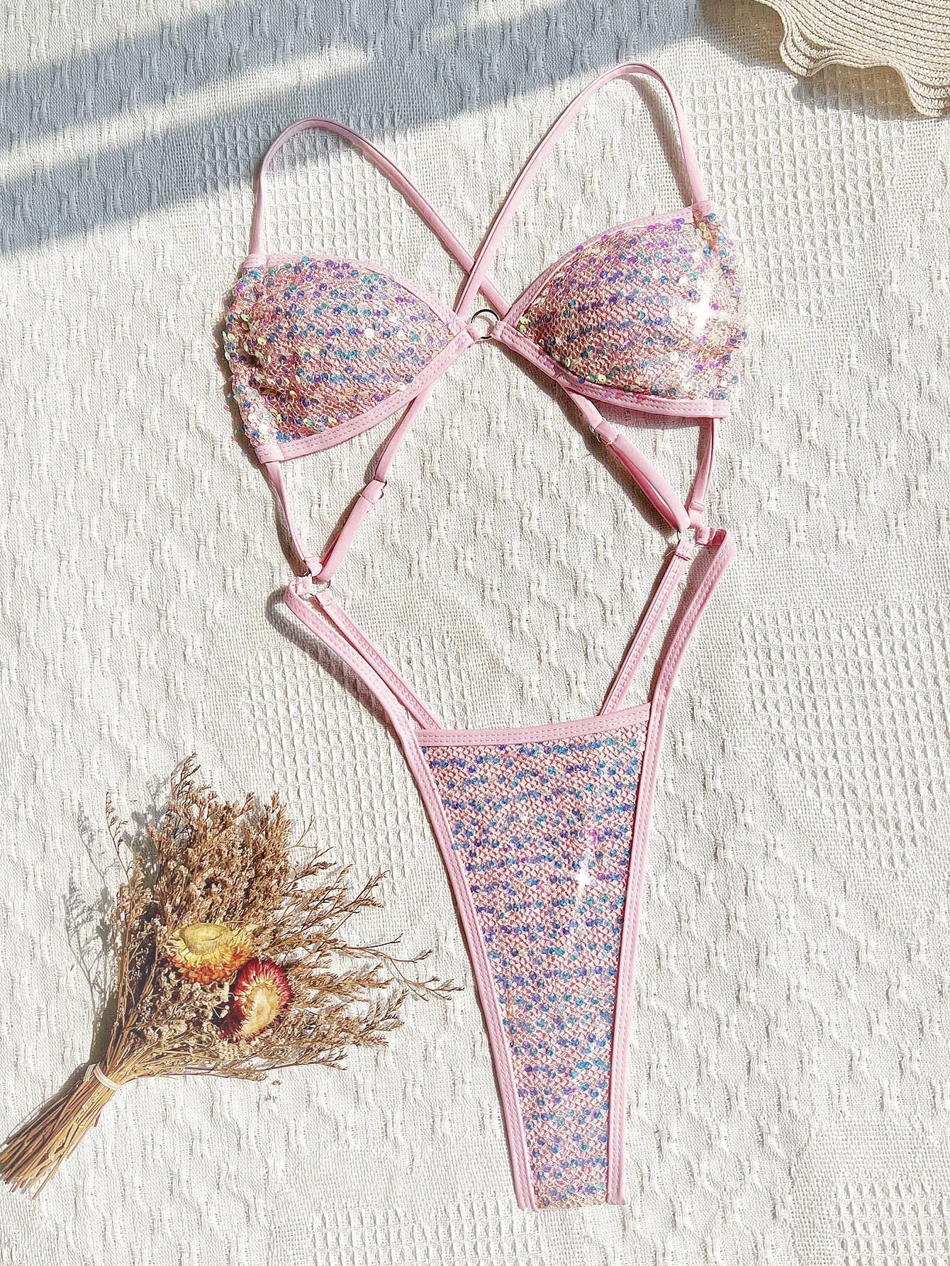 Micro maillot de bain à paillettes noires, Sexy, une pièce, bikini pour femmes, dos nu, croisé, tenues de plage, body