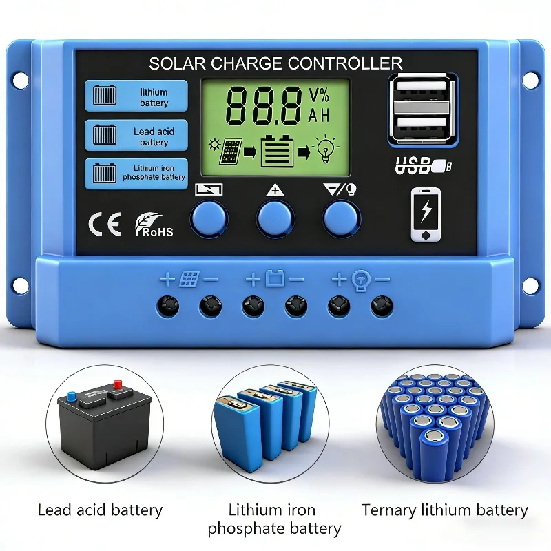 Controlador de Carga Solar 10/20/50A 12V/24V, Regulador Solar, Carregador de Bateria com Display LCD, Saída USB Dupla 5V, Configuração de Temporizador