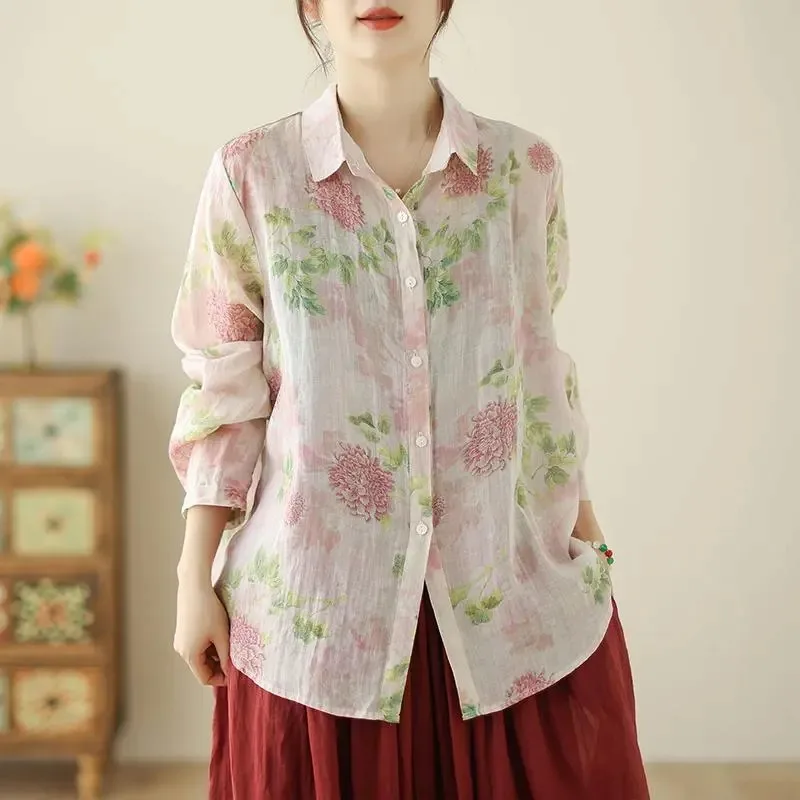

Женская розовая льняная блузка с цветочным принтом, отложным воротником, длинными рукавами, на пуговицах, повседневная, свободного кроя