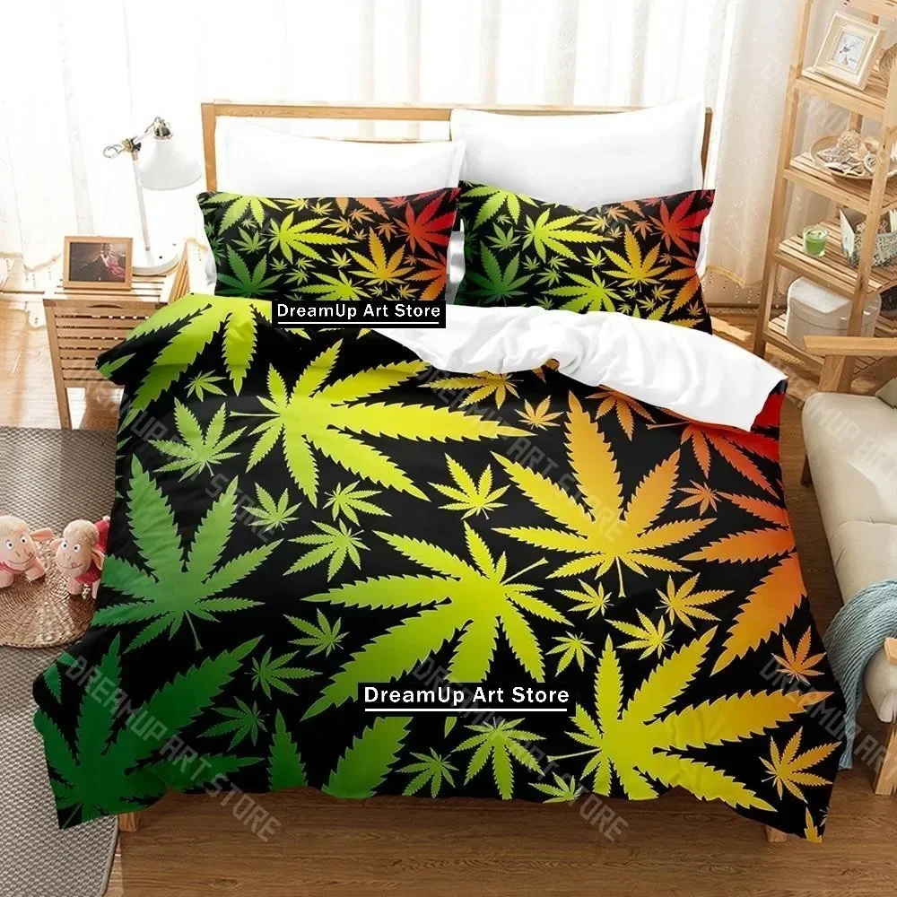 Exquisite 3D Print Weed Cannabis Marijuana Bedding Set Cartoon Anime Three-piece Set Adult Kid Bedroom Duvetcover Sets