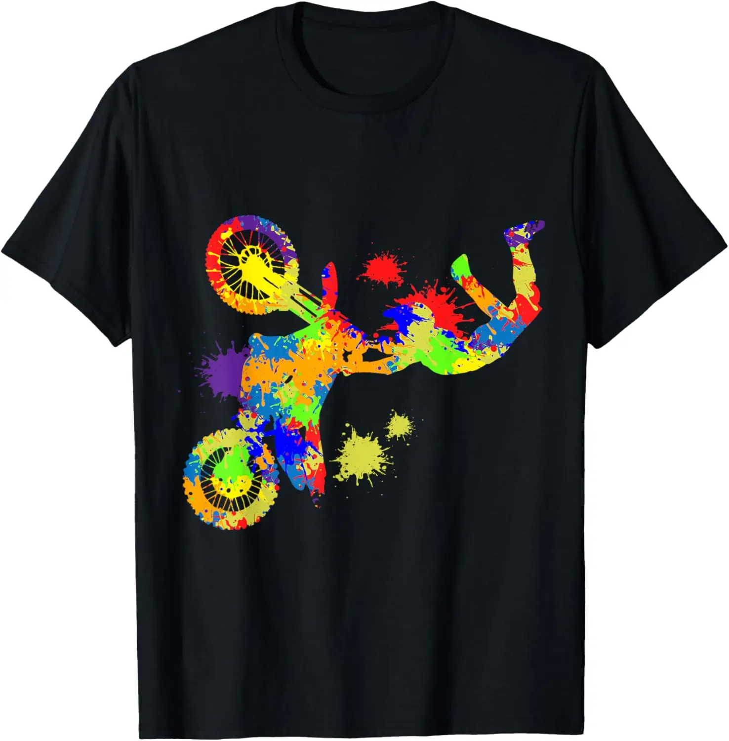 Dirt Bike Stunt Rider Paint Splatter Graphic Tee Motocross Extreme Sports Short Sleeve T-Shirt