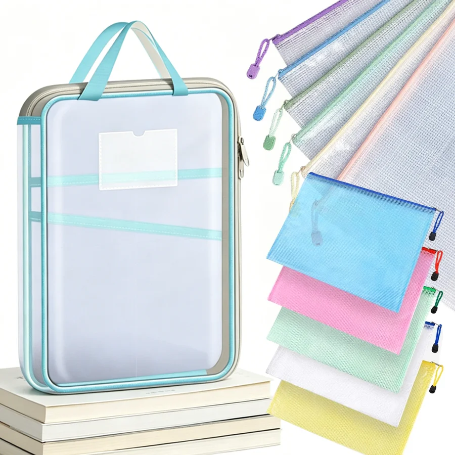 

1Set Book Storage Tote Bag & Grid Zipper Bag, L-shaped Large Capacity, Durable Mesh Subject Organizer Stationery XJM