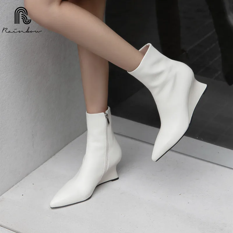 RAINBOW 34-40 New Sexy Wedge High Heels Ankle Boots Short Women Genuine Leather Chelsea Ladies Black White Shoes side zipper