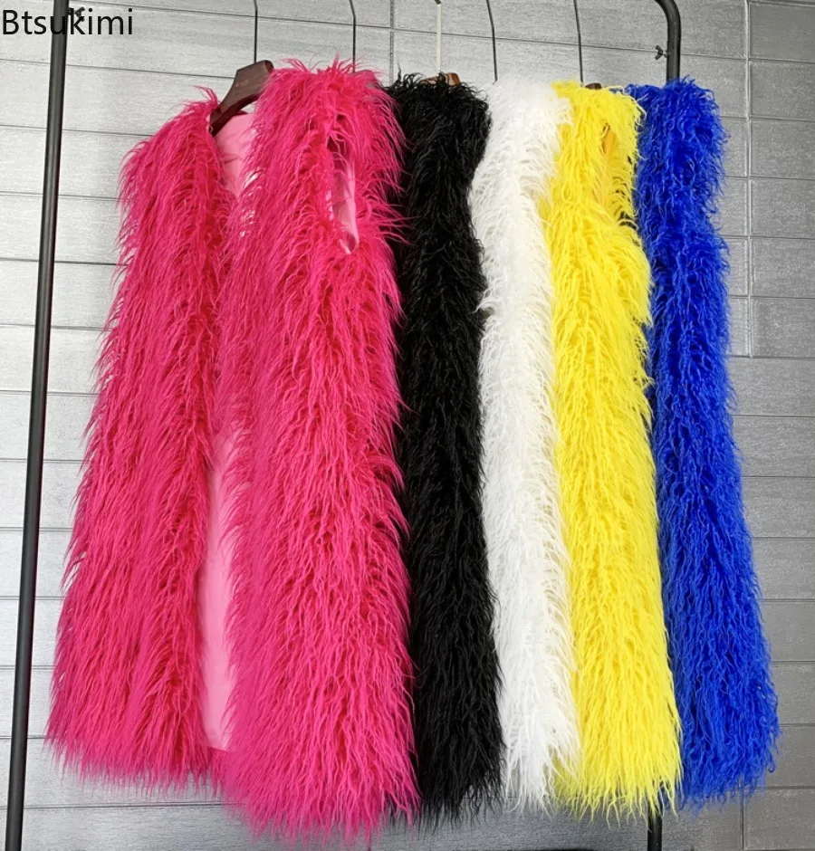 Mongolia Sheep Fur Women Long Vest Colorful Warm Faux Fur Sleeveless Jacket High Street Plush Coats Woman Winter Furry Outerwear