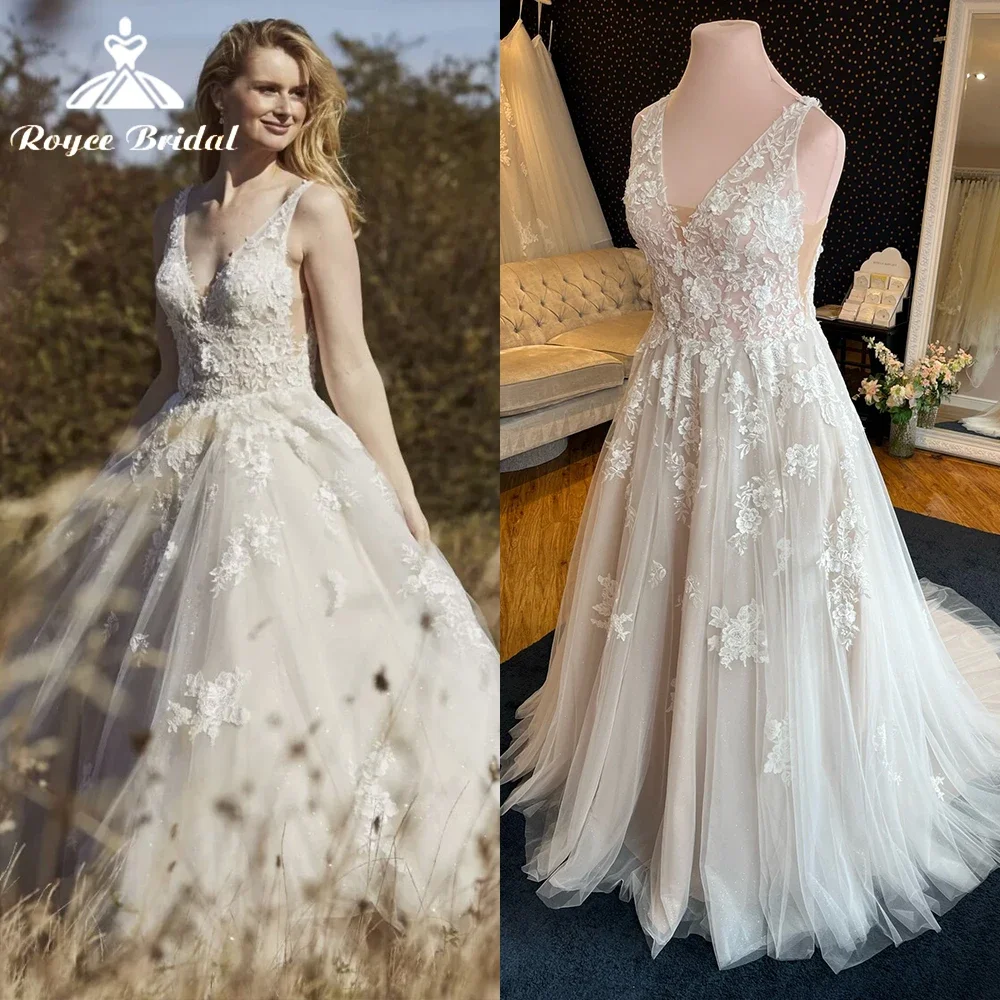 

Roycebridal Lace Applique Tulle V Neck A Line Wedding Dress for Women 2025 Sheer Strap Brida Gown Customized Hochzeitskleid