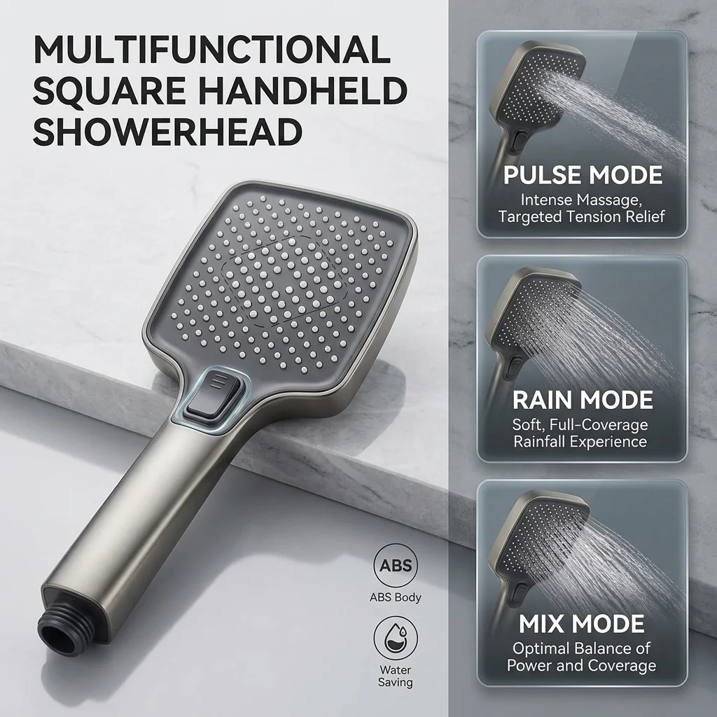 

High Pressure Square Shower Head 3 Modes Adjustable Handheld Showerhead Water Saving Rainfall Spray Nozzle Bathroom Accessories