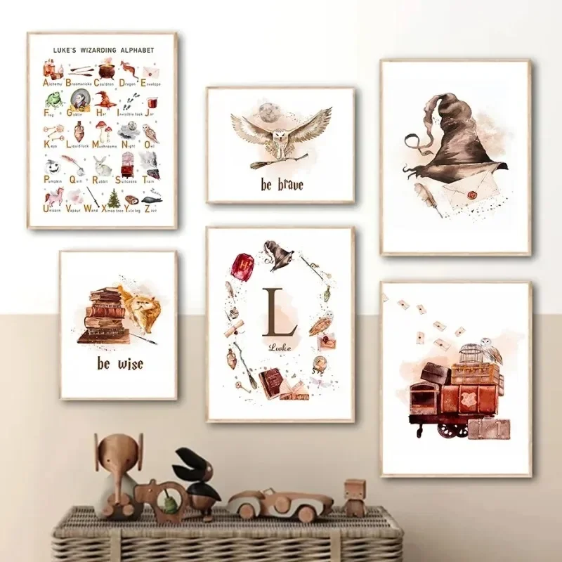 Klassische Film-Wizard-Eulen-Magie-Bücher Besen Potter Minimalistische Wandkunst Leinwanddruck Poster für Wohnzimmer Heim-Deko