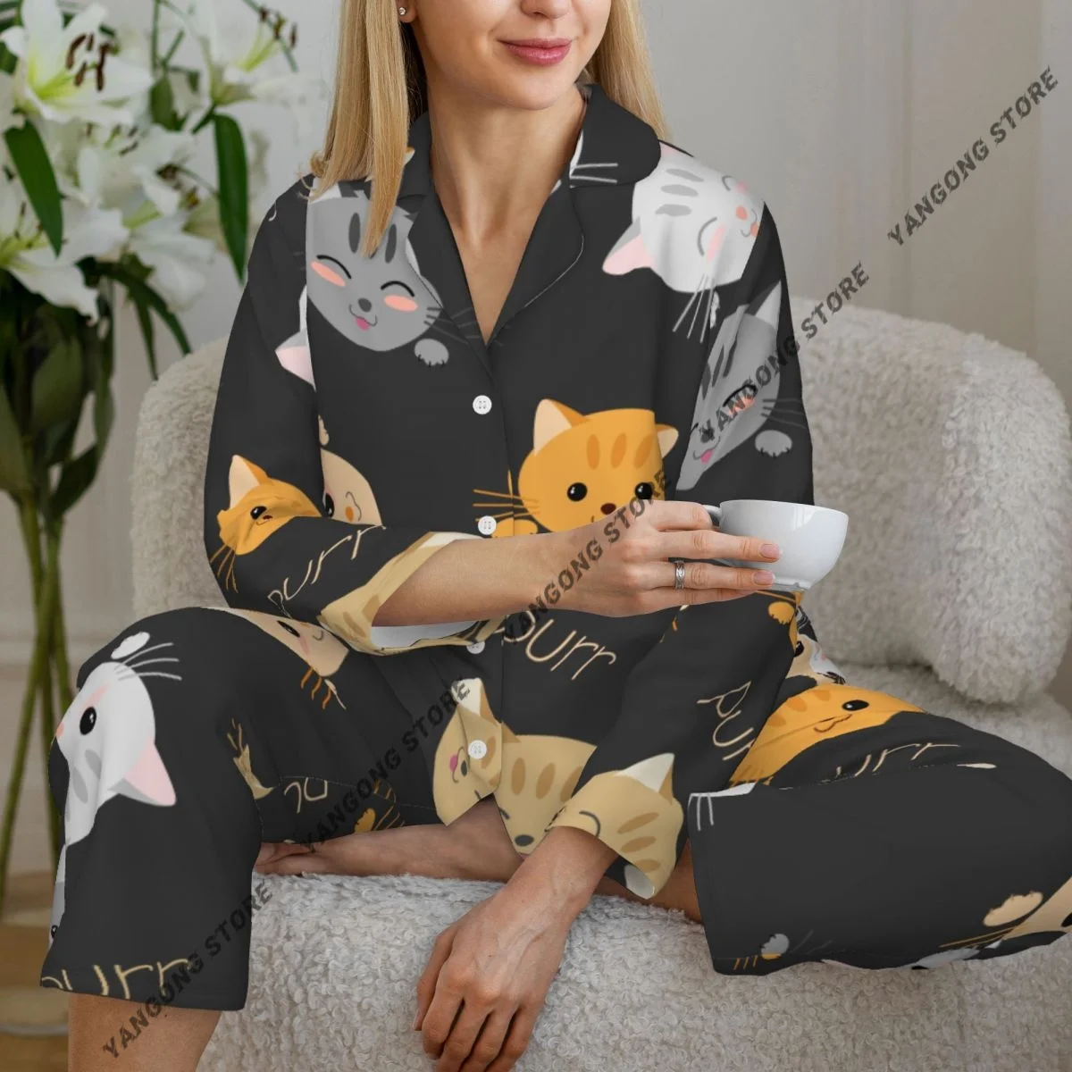 

Women Sleepwear Pajamas Kitten Cats Pattern Long Sleeve Pijama Female Set Negligee Cardigan Suit