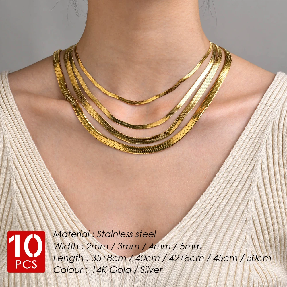 EMANCO 10pcs Flat Herringbone Necklace Set Stainless Steel 14K Gold/Silver Color Women’s Daily Wear Layering Jewelry Gift