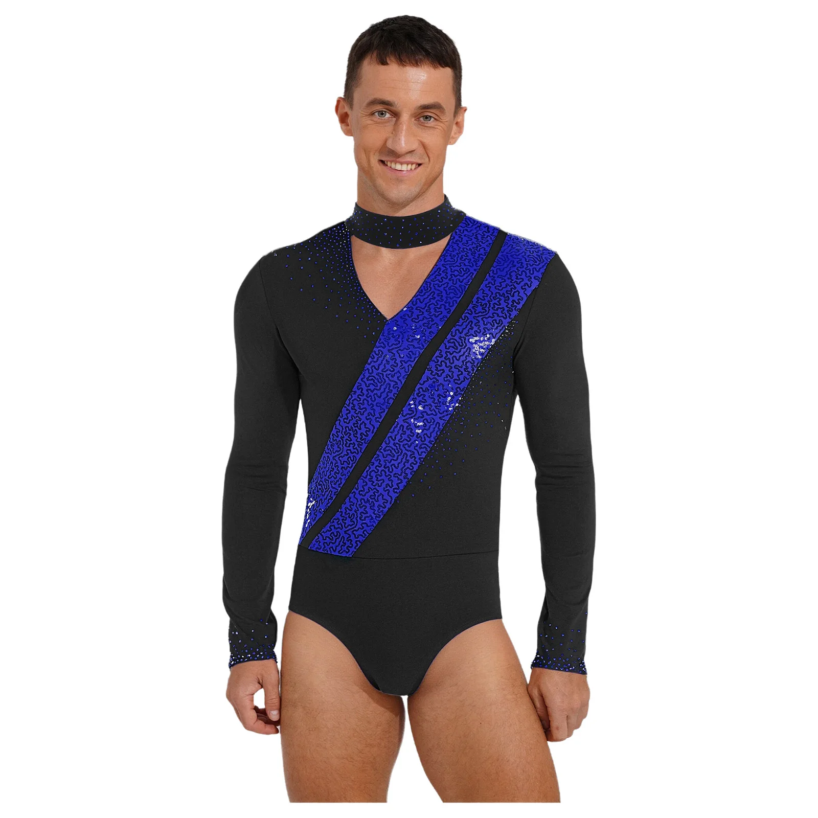 Mens Tango Ballo latino Body Paillettes lucide Manica lunga Body Tuta Balletto Ginnastica Pattinaggio di figura Costume da prestazione