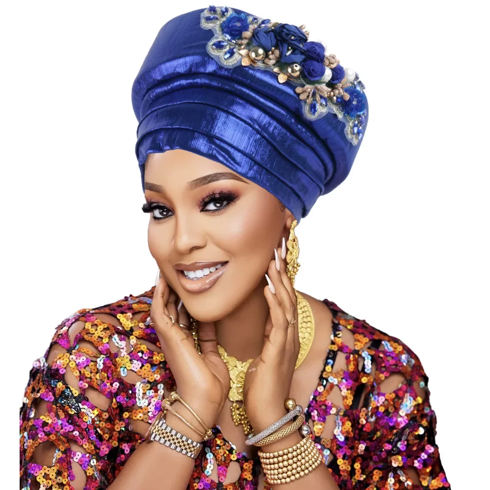 

Роскошный тюрбан-шапка для женщин с цветочными бусинами, африканский авто-геле, головной убор для мусульманок, хиджаб, нигерийский свадебный головной убор, головной платок