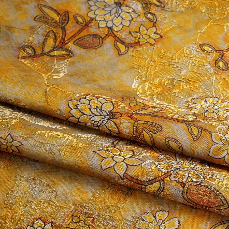 

Flower Pattern Xiangyunsha Fabric Golden Amber Jacquard Qipao Hanfu Blouse Skirt Dress Clothing Breathable Material Sewing Cloth