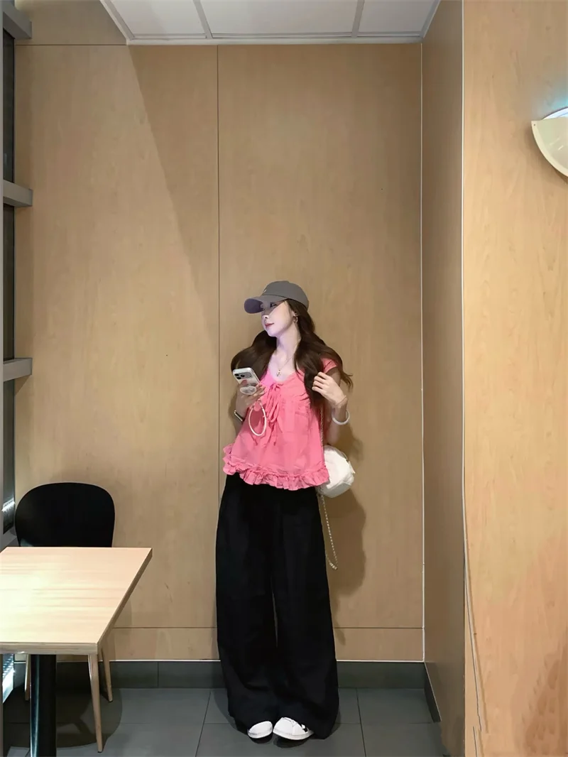 

Sweet Style Lace Splice Fly Sleeve Shirt Women's Loose Slimming Top Summer Youthful Casual Fashion Short Sleeve V-Neck Blouse