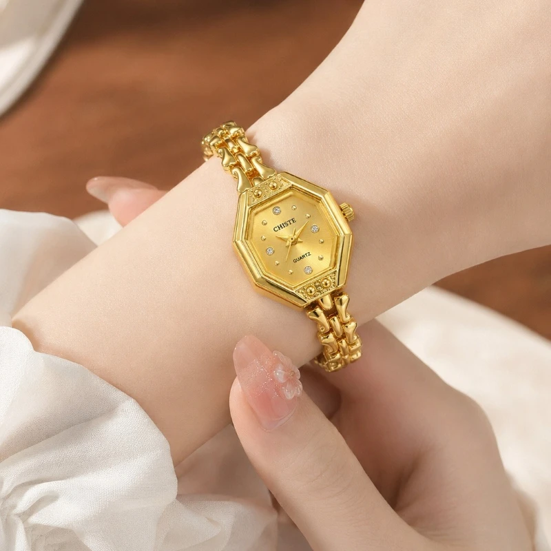Gold Luxury Women Quartz Watch Exquisite Slim Rhinestone Dial Bracelet Watch Fashion Elegant Ladies Wristwatch Gift Reloj Mujer
