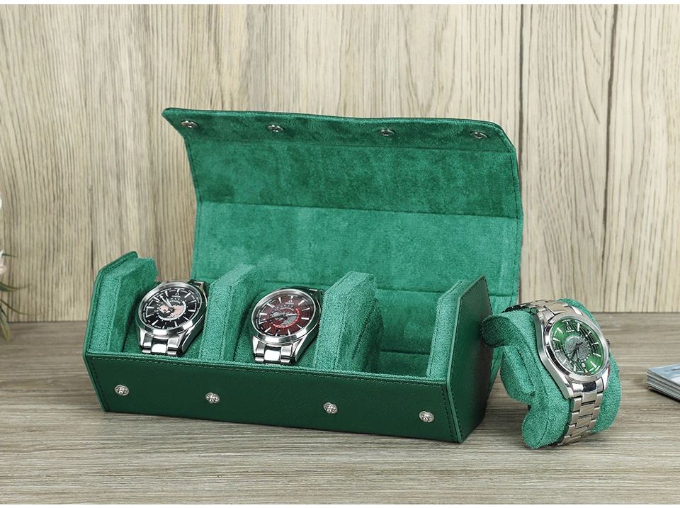 Hochwertige grüne Uhr Roll gehäuse Echt leder Uhr Reise tragbare Schmuck Aufbewahrung sbox Anti Drop wasserdichtes Saffiano Leder – Detail 6