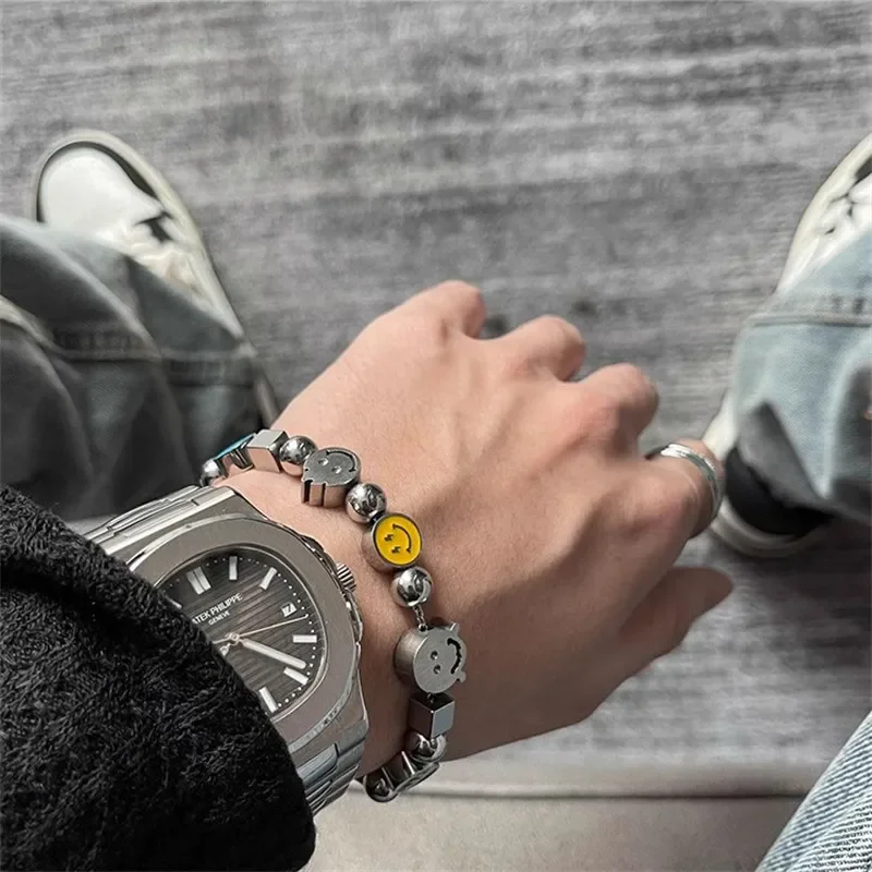 INS Hip-Hop Trendy Niche Design 666 Lightning Smiling Face Patchwork Bracelet Titanium Steel Couple Fashion Charm Jewelry