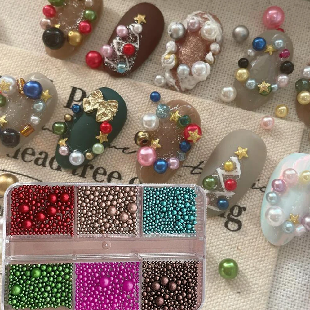 ชาร์มตกแต่งเล็บมุกหลากสี 6 ช่อง ลายเมลลาร์ด ลูกปัดมุกกลมหลากสีสันสำหรับคริสต์มาส ประดับเพชรเทียม DIY ตกแต่งเล็บลายคริสต์มาส