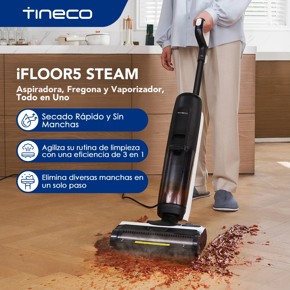 Tineco IFLOOR 5 Steam Aspiradora para Mojado y Seco Todo en Uno, Limpiador de Suelos de Madera Dura Ideal para la Suciedad Pegajosa, 120 °C de Vapor a Alta Temperatura, Autolimpieza con vapor