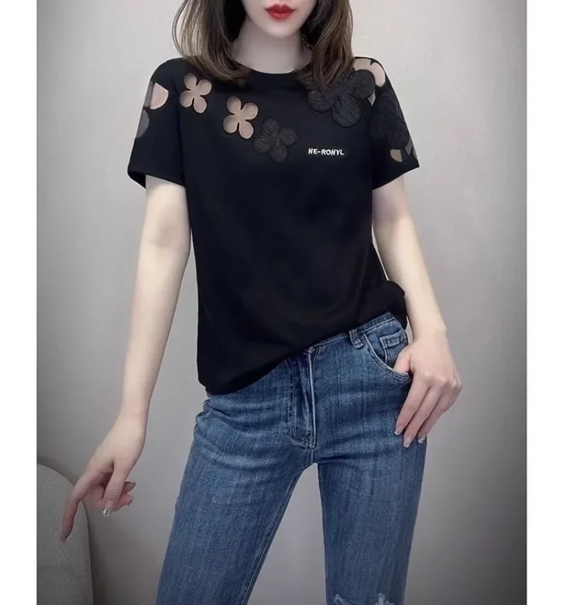 European Summer New Design Sense Niche Heavy Industry Embroidery Mesh Cotton Meat Cover Thin Short-sleeved T-shirt Top For Women